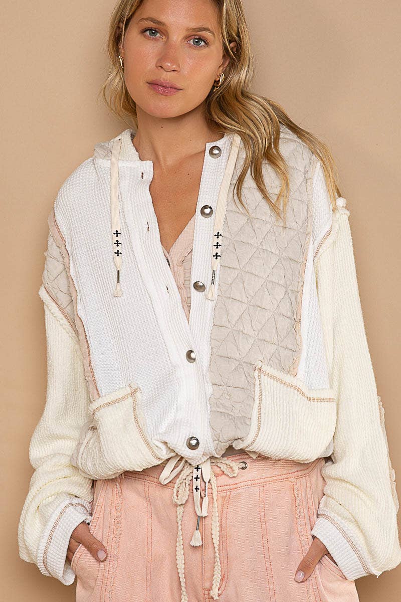 Cut sew hooded button down combo shacket